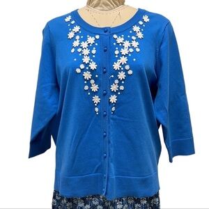 CHARTER CLUB Summer Splash Cardigan 3D Floral Appliqué in Blue Bell‎ Women’s 3X